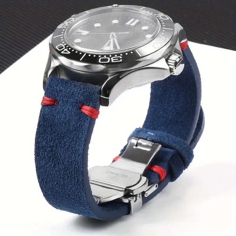 Correa Azul con Costuras Rojas y Hebilla Mariposa — Cuero Sintético 20 mm